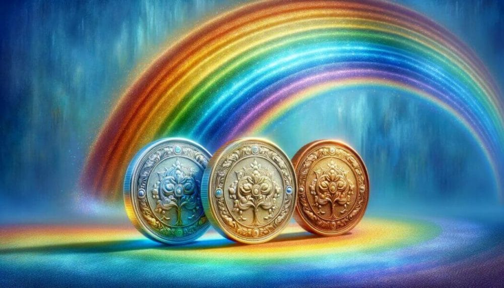 Three crypto coins on a rainbow